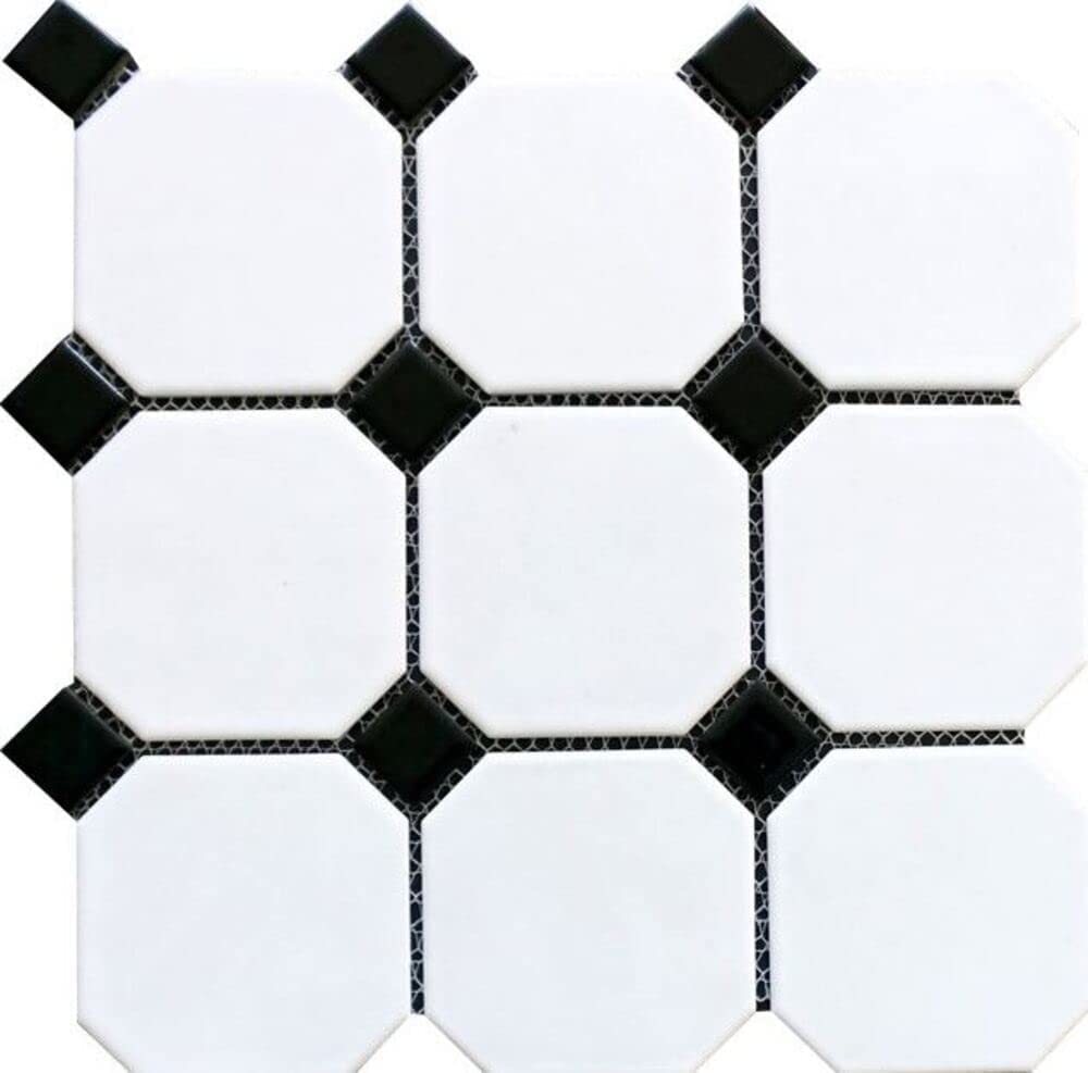 4" Octagon Tile Matte White Mosaic Porcelain Floor and Wall Tile Backsplashes, Accent Wall (Black Dots Glossy, 20