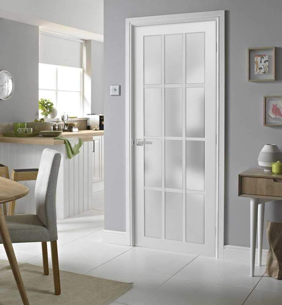 Solid French Door Frosted Glass 12 Lites 32x80 inches | Felicia 3312 Matte White | Single Regural Panel Frame Trims Handle | Bathroom Bedroom Sturdy Doors