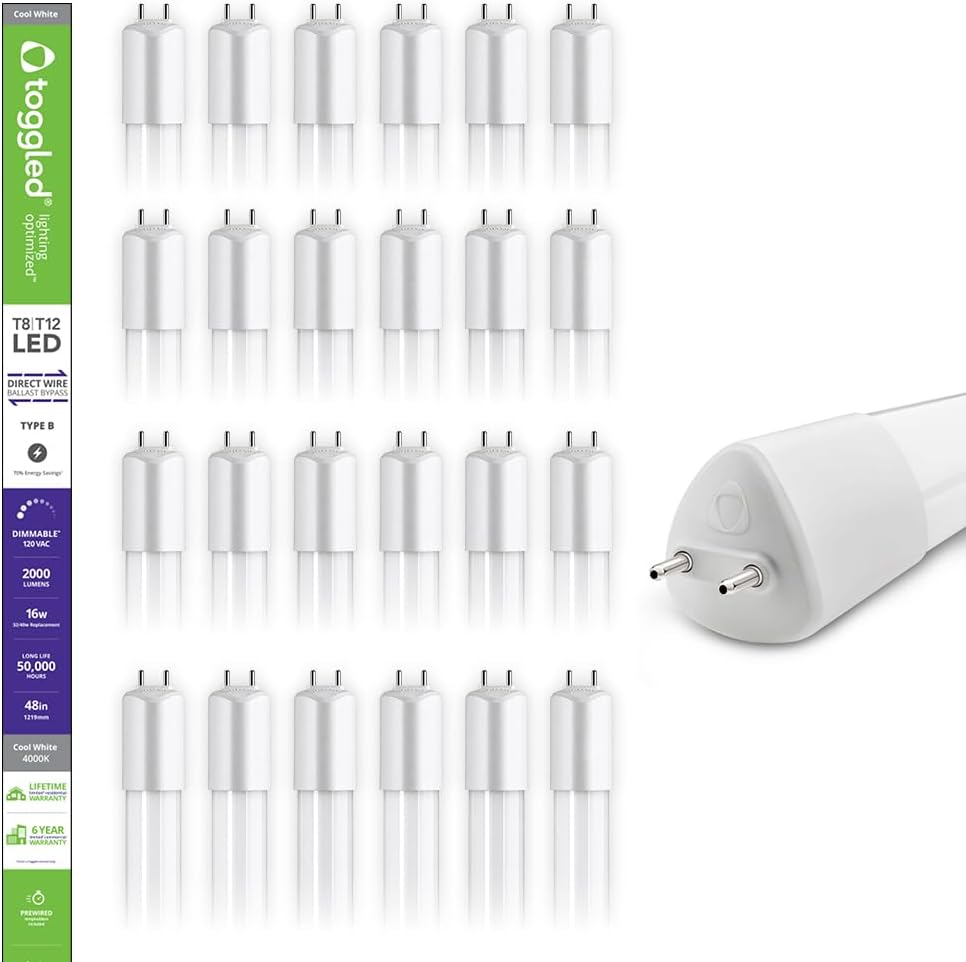 4FT T8 LED Tubes, 16W, 4000K, Dimmable, Type B, 24 Pack (24 Tubes)
