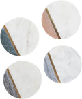 Round Marble Coasters - Handmade Multicolor Stone Drink Coasters with Gold Brass Inlay - Stylish Modern - Set of 4