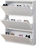 Shoe Storage Cabinet with 3 Flip Drawers, Hidden Slim Narrow Shoe Rack Cabinet, Wall Mount Metal Shoe Cabinet , White