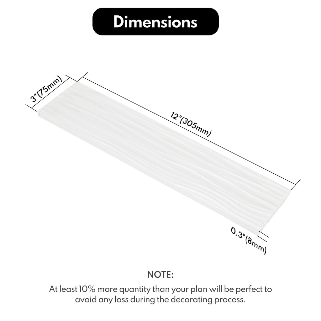 White Glass Subway Tile, Water Wave Glass for Shower Bathroom Kitchen Backsplash Wall, 3 x 12 Inch, 4 Sq.Ft.