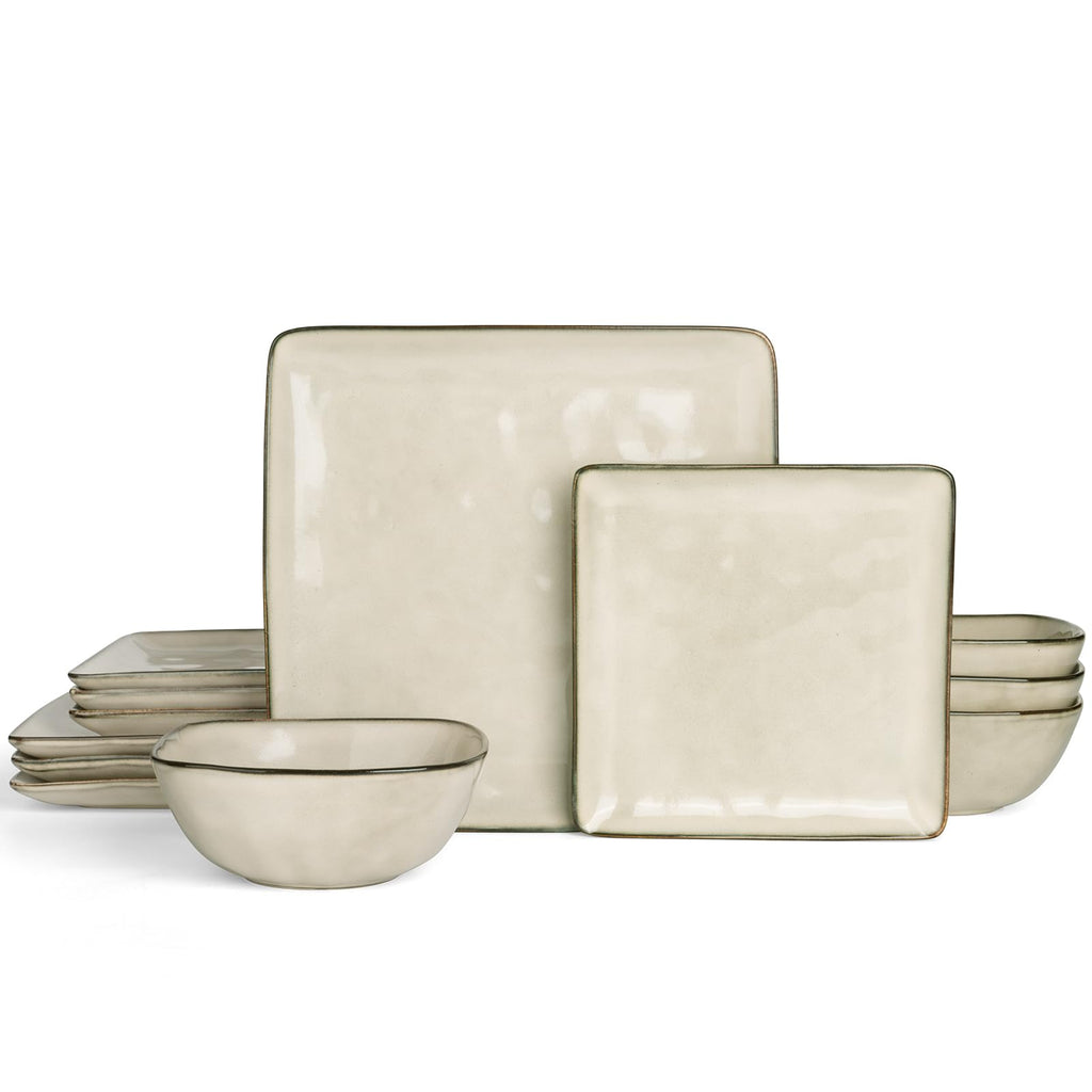 Square Ceramic Dinnerware Set for 4, Plates and Bowls, Light khaki