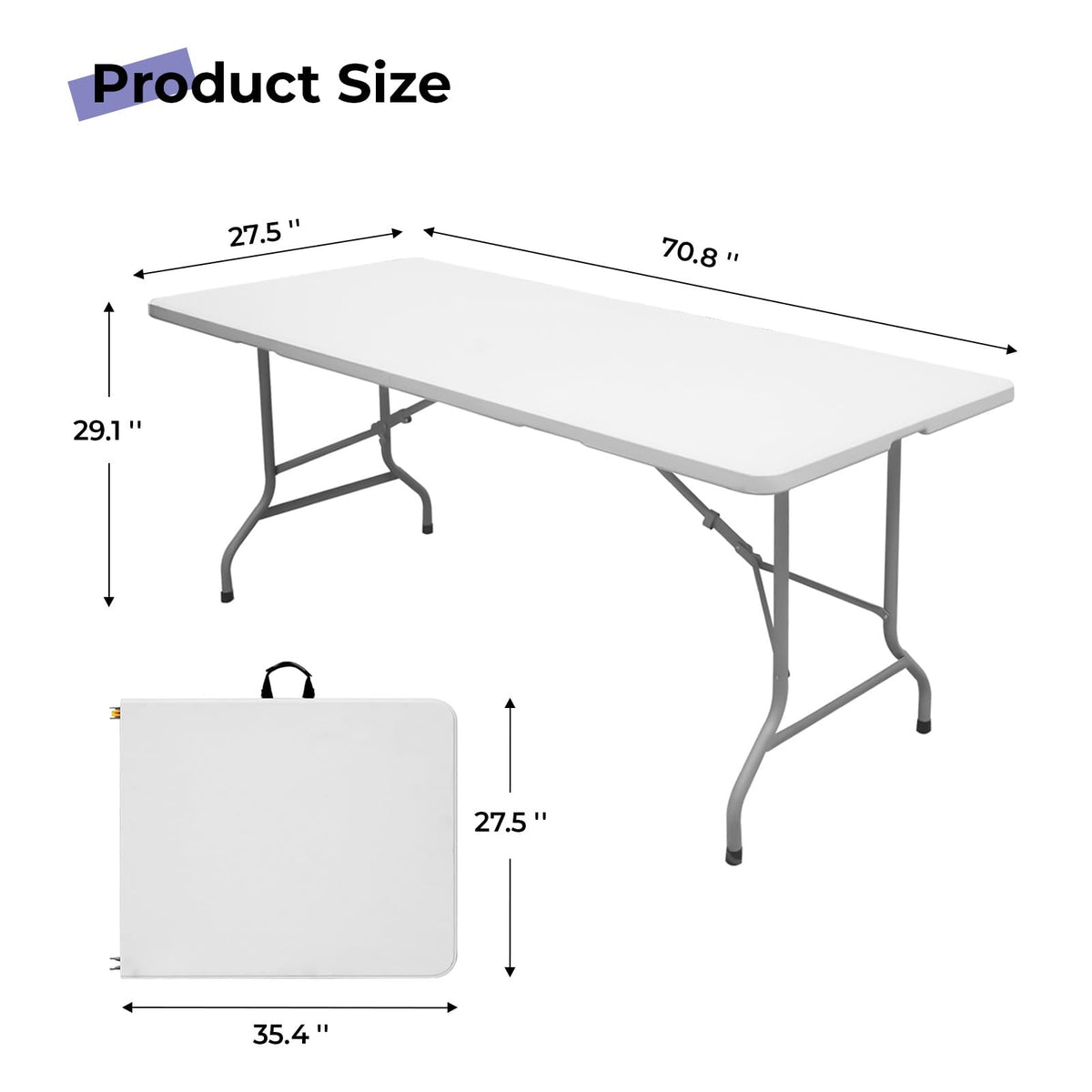 Folding Table 6ft, Heavy Duty Plastic Fold-in-Half Utility Table, White