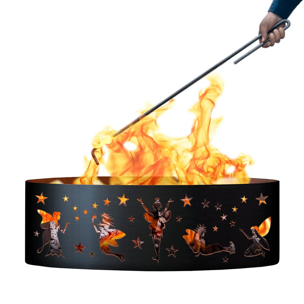 Fairy Unpainted 12 in. Tall 30 in. Diameter Outdoor Fire Ring with Fire Poker - 30 x 30 x 12 in. - Rustic