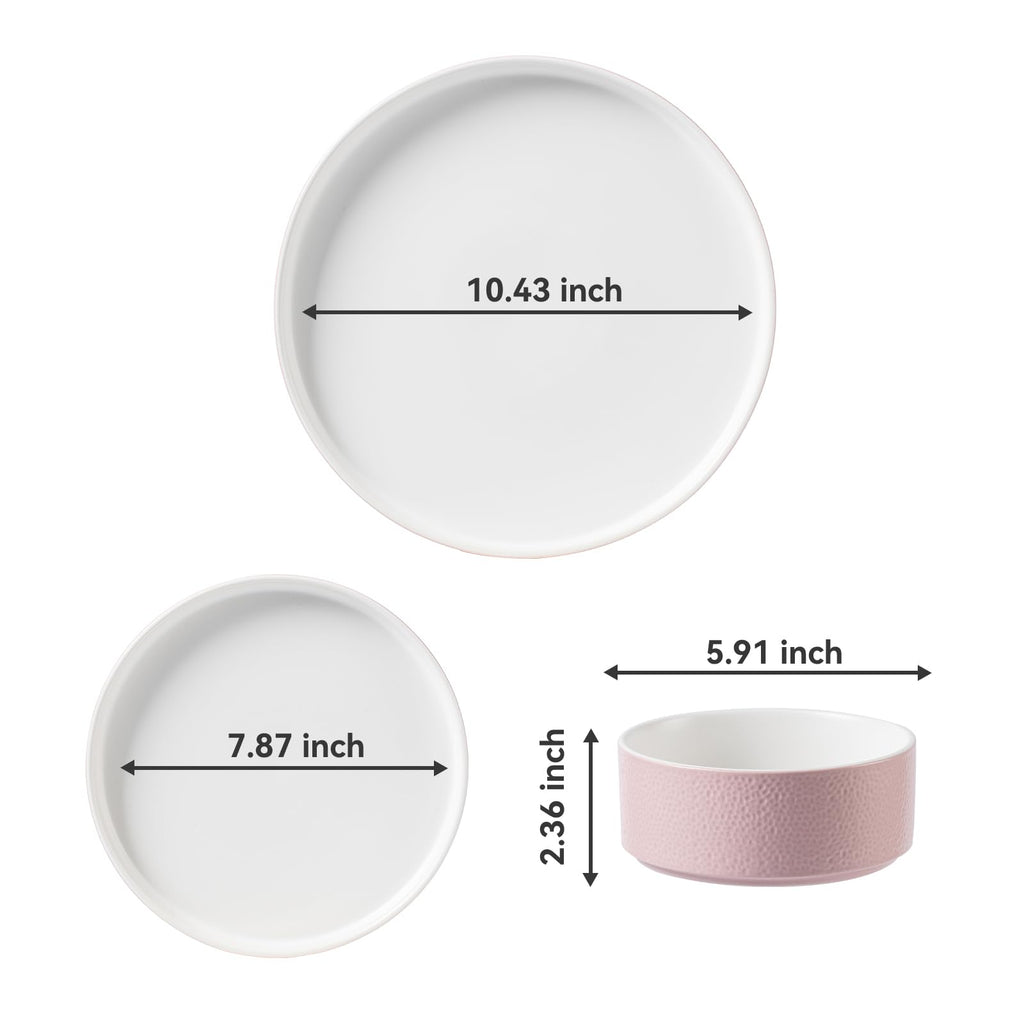 Pink Ceramic Dinnerware Set for 4, 12 Piece Porcelain Plates and Bowls Set for 4, Modern Stoneware Chip and Scratch