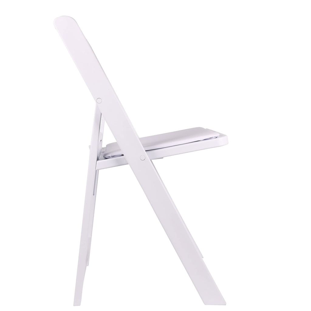 Set of 8 White Resin Folding Chairs with Vinyl Padded Seat, Stackable Commercial Grade, Indoor Outdoor for Wedding