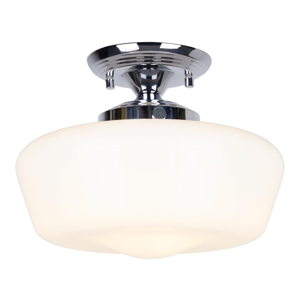 Schoolhouse Style Semi Flush Mount Ceiling Light Fixture, 12" Modern Chrome Hallway Ceiling Lamp with Opal Milk Glass