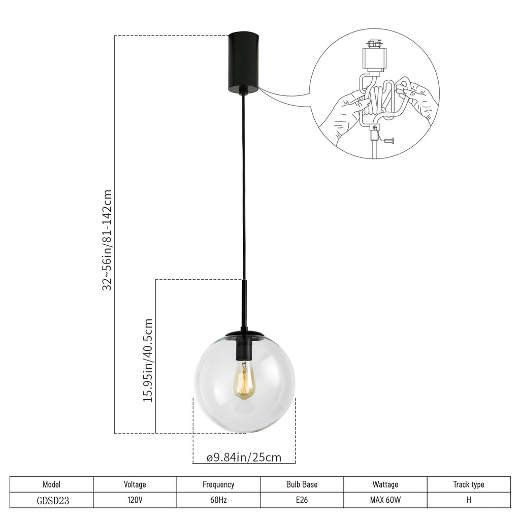 H-Type Black Track Lighting Pendant with Clear Glass Globe Shade, Adjustable Hanging Light, E26 Socket, Pack of 3