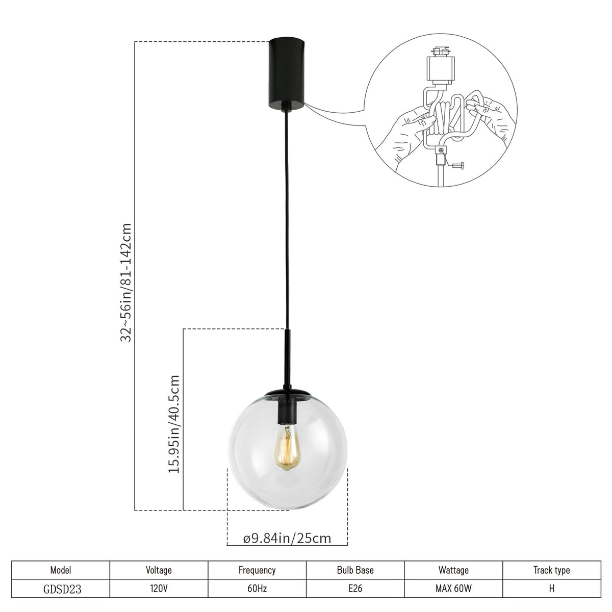 H-Type Black Track Lighting Pendant with Clear Glass Globe Shade, Adjustable Hanging Light, E26 Socket, Pack of 3