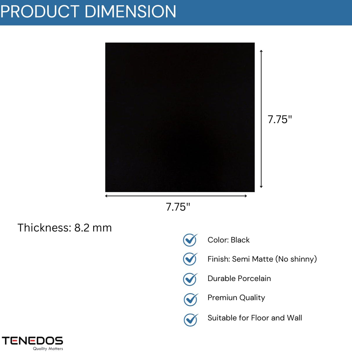 TRCD-GRS-8x8 Subway Square Black Porcelain Floor Wall Tile Backsplash Matte Finish (Box of 6.5 Square feet - 15