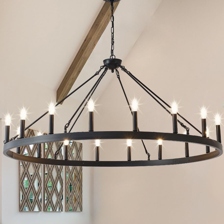 53-Inch Large Wagon-Wheel Chandelier, Rustic Ring Fixture for Dining Rooms