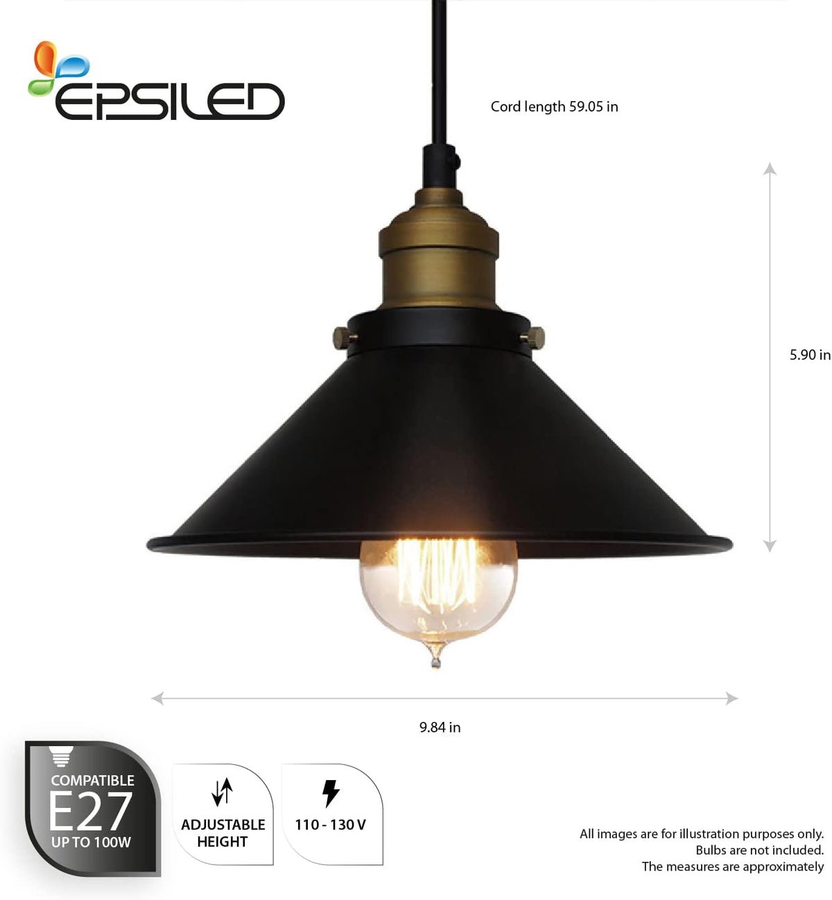 Black Industrial Pendant Light, 9.84" Vintage Hanging Light Fixture, E27 Ceiling Lamp for Kitchen Island, Dining Room
