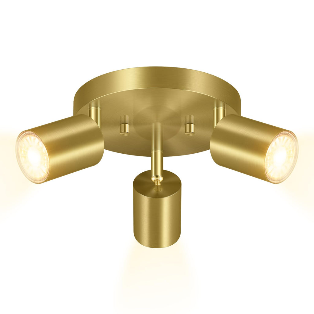 LED 3 Light Track Lighting Kit, LED Track Lighting Fixtures, Gold Round Ceiling Spot Lighting, Flexibly Rotatable