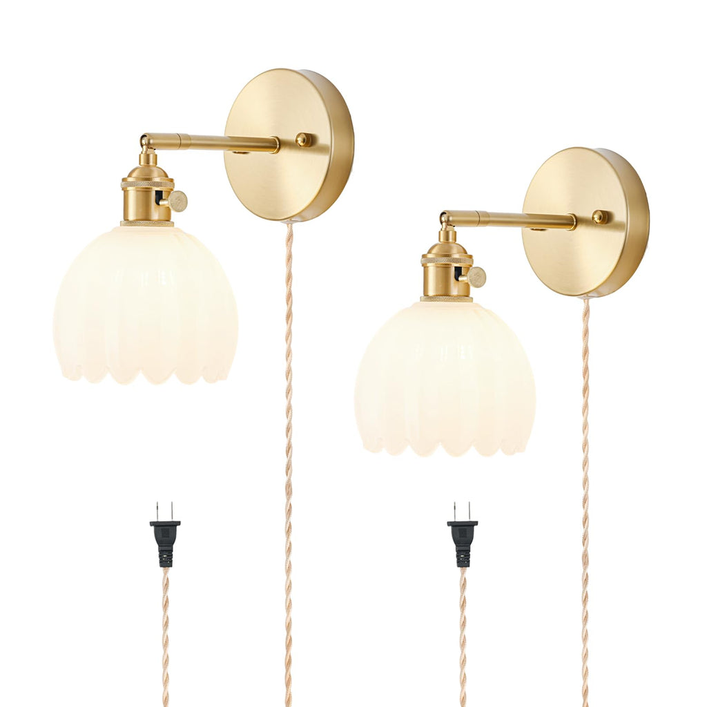 Plug in Wall Sconces Set of 2, Vintage Wall Sconce Light with Tulip Milk White Glass Lampshade, Bedroom Wall Sconce