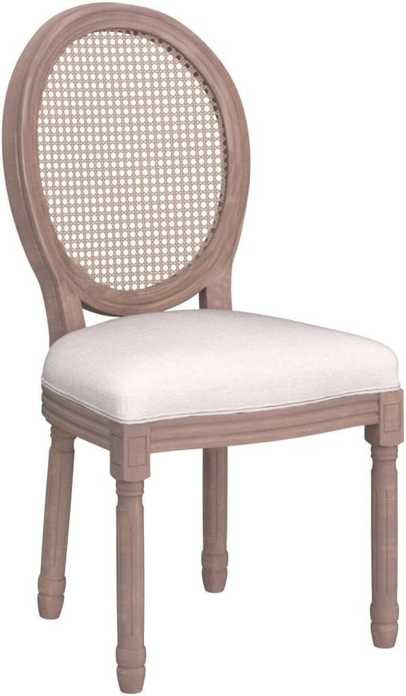 French Farmhouse Dining Chairs Set of 4, Upholstered Rattan Dining Chairs with Curved Backrest and Carved Solid Wood Frame for Dining Room or Restaurant