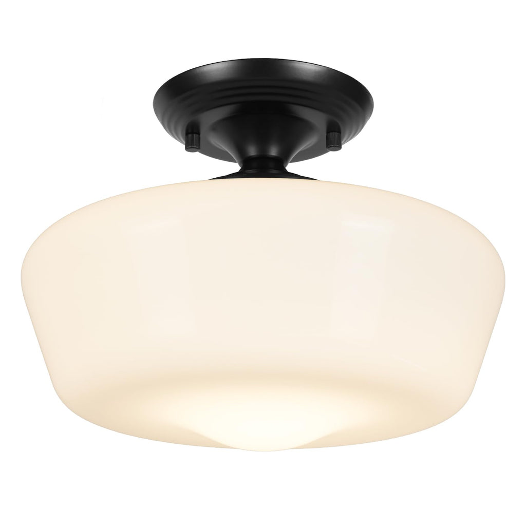 Schoolhouse Style Semi Flush Mount Ceiling Light Fixture, 12" Modern Hallway Ceiling Lamp with Opal Milk Glass Shade