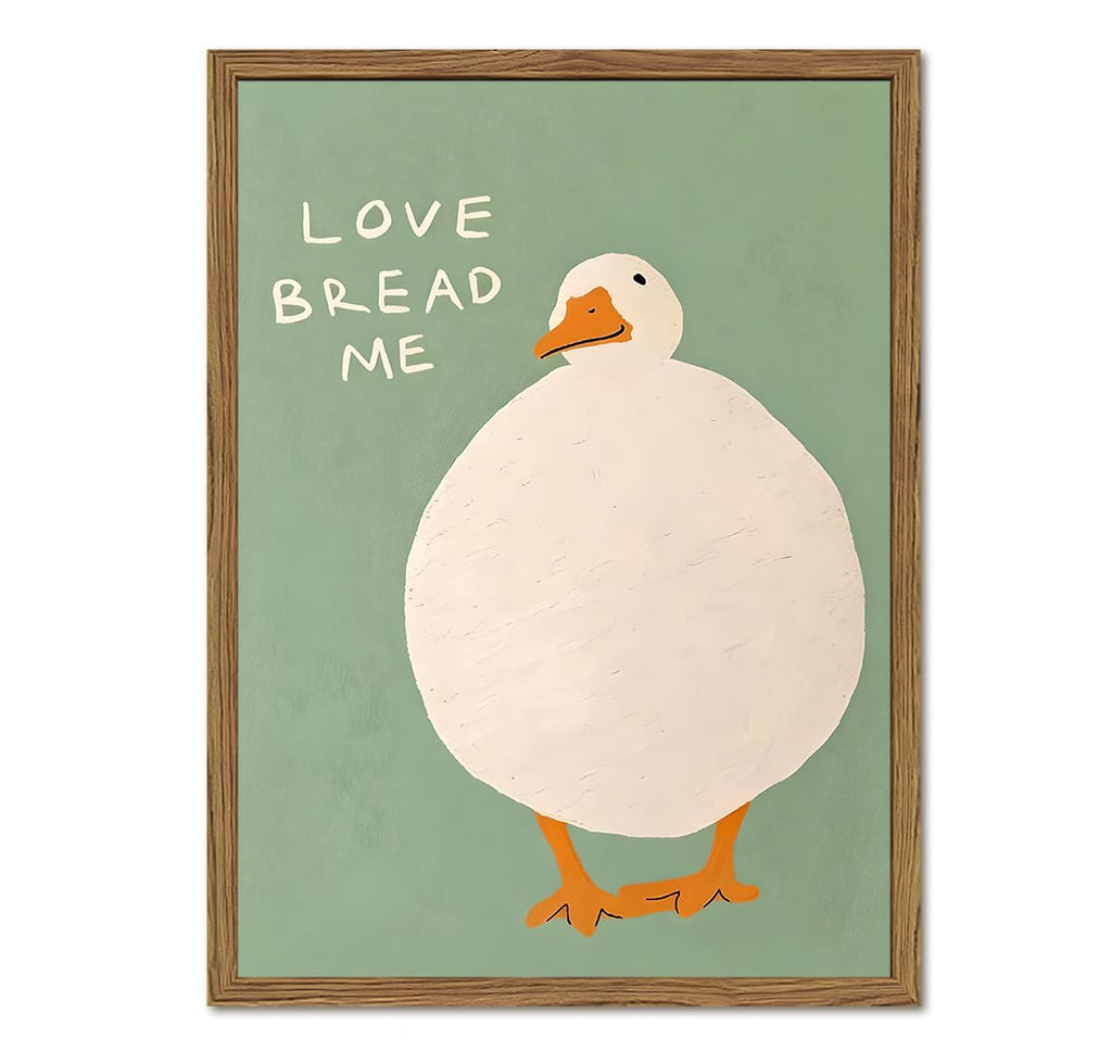 Cute Silly Goose Kitchen Wall Art Love Bread Me Quotes Wall Decor Painting, Funny White Duck Canvas Prints Picture