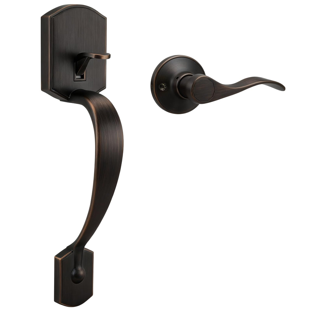 Front Door Handle Set,Entry Door Handleset,No Lock Reversible Lever,Oil Rubbed Bronze Exterior Door Lock,Heavy Duty