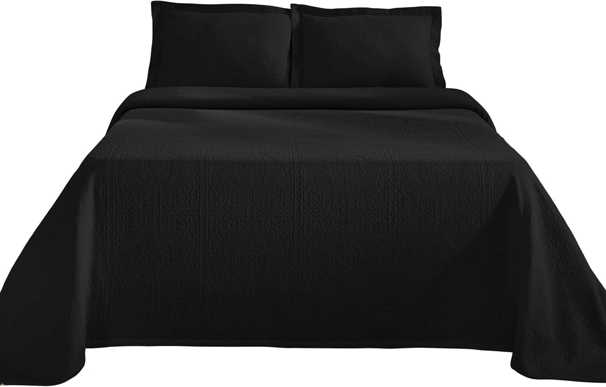 Cotton Bedspread, Jacquard Woven Matelasse Bedding, Queen, Black