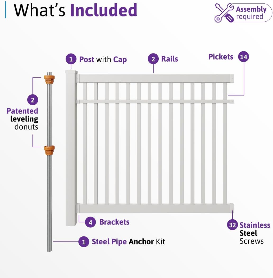 Windsor Pool Fence, White Vinyl No Dig DIY Kit | 5ft H x 6ft W, 1 Panel x 1 Post, BL19107