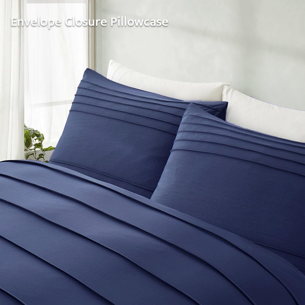 3PCS Pleated Duvet Cover Set, Navy Blue