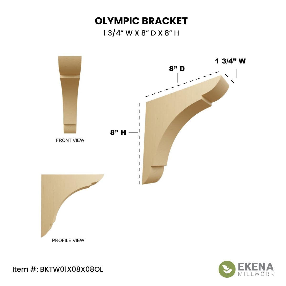 Medium Olympic Wood Wood Brackets, 1 3/4"W x 8"D x 8"H , Rubberwood