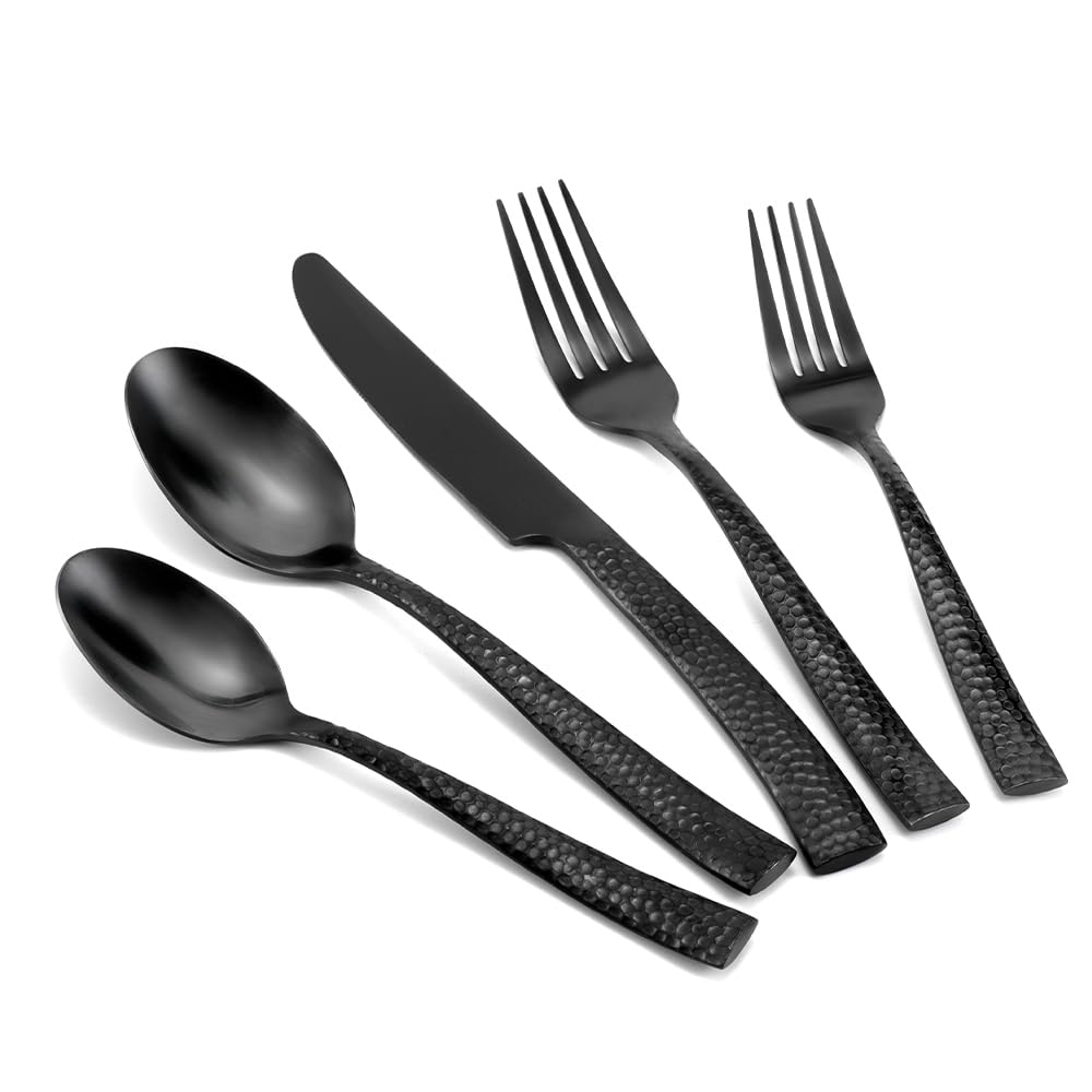 Matte Black Silverware Set Hammered 20 Pieces Service for 4