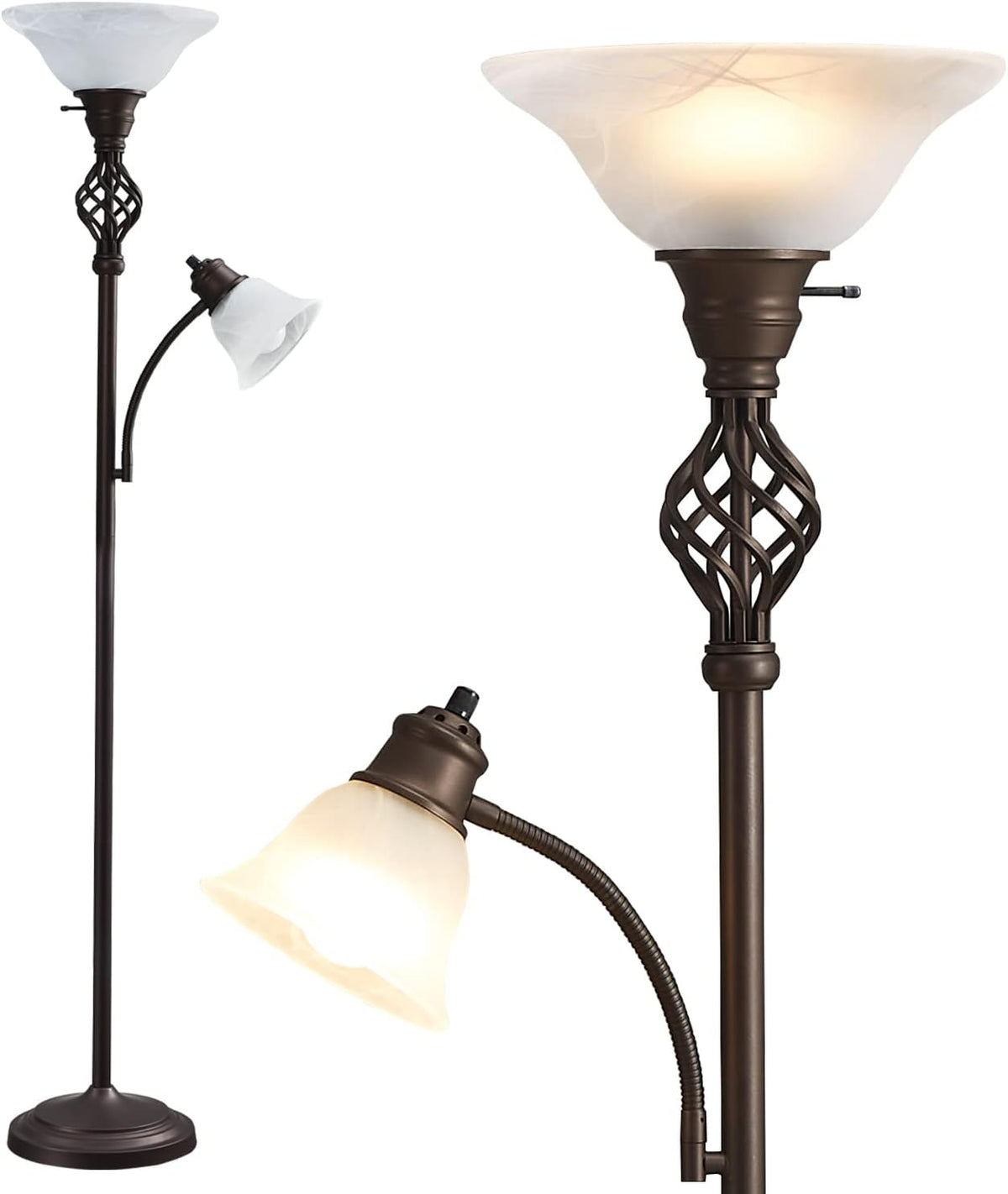 Torchiere Floor Lamp, LED Standing Reading Light with Glass Shade Corner Bedroom Home Office,Bulbs Included (Red Brown