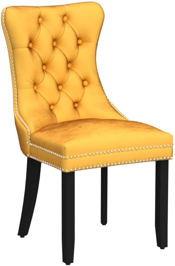 Velvet Dining Chairs Set of 4, Tufted Upholstered Dining Chairs with Nailhead Back, Ring Pull and Solid Wood Legs, Gold