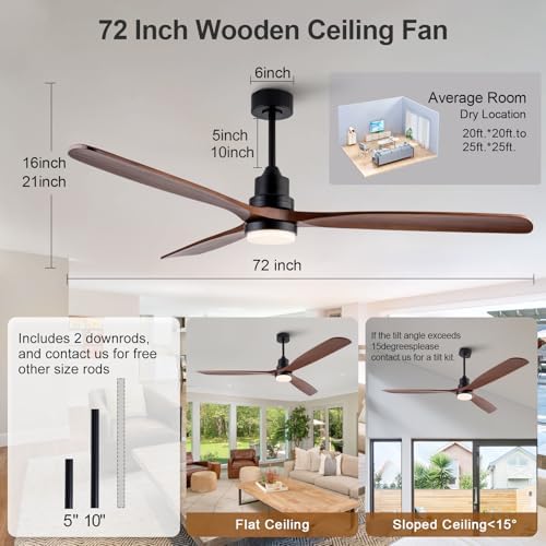 72" Ceiling Fan with LED Light and Remote - Black + Walnut