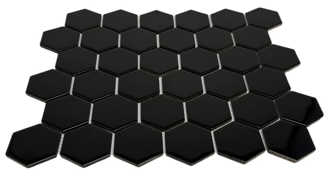 Hexagon 2 Inch Glossy Porcelain Floor Wall Mosaic Tile Shower, Kitchen Backsplashes, Accent Wall, Pool Tile (1, Black)