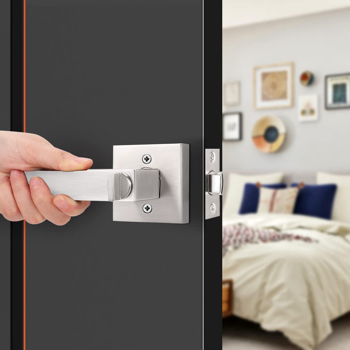 Brushed Nickel Privacy Door Handles, 1 Pack Solid Zinc Alloy Square Interior Door Levers with Lock Bathroom Office