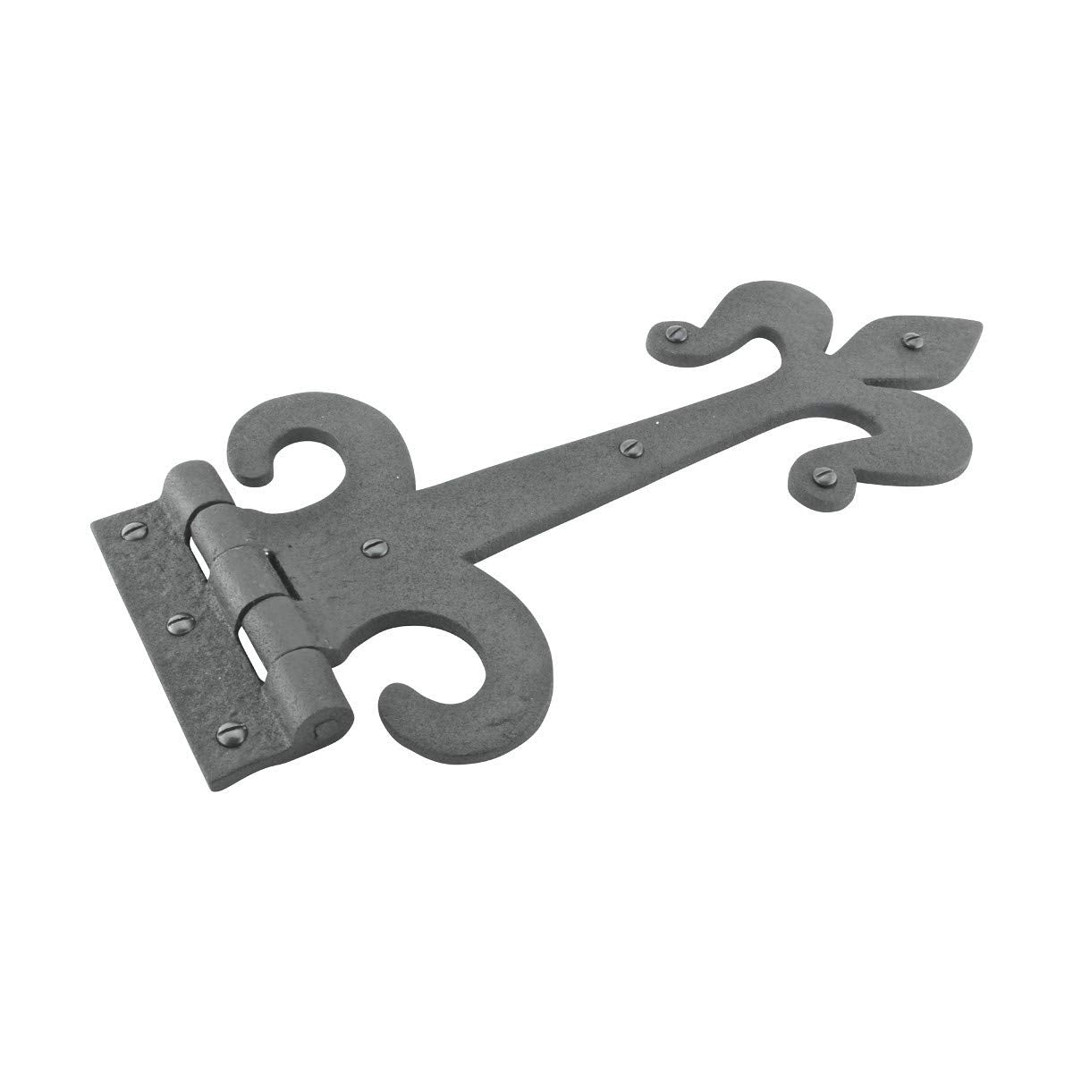 Gate Hinges 12 in. Black Wrought Iron Fleur De Lis Style Strap Hinges for Gates and Doors with Mounting Hardware