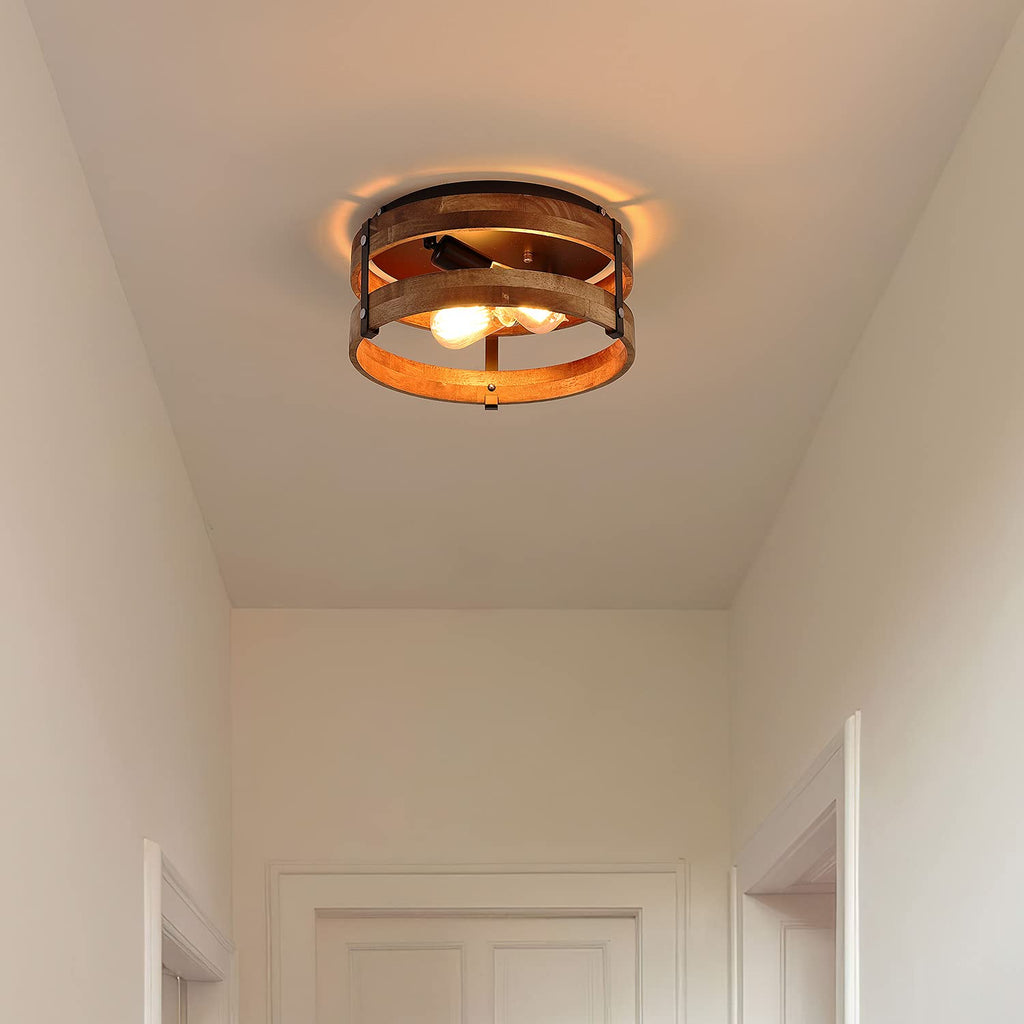 2-Light Rustic Flush Mount Light Fixture Oak Wood Round Drum Semi Flush Mount Ceiling Light Bedroom Kitchen Entryway