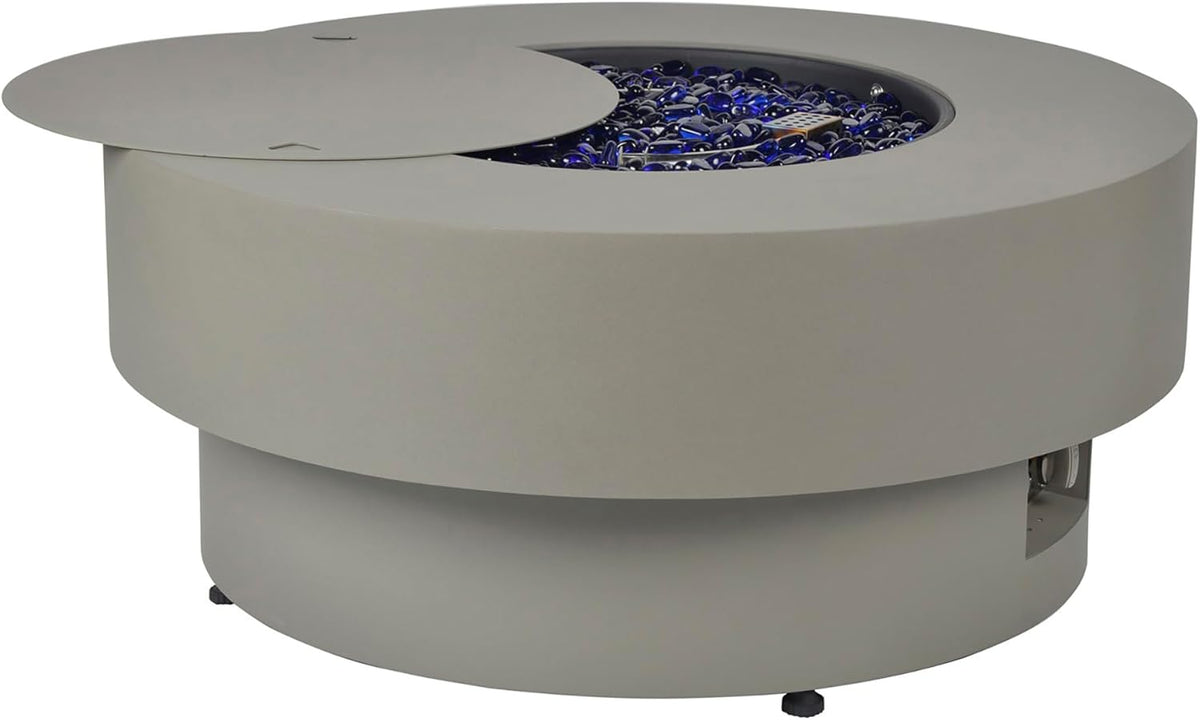 Propane Outdoor Fire Pit Table, Flint & Concrete Look 32-inch Round Patio Propane Fire Table 50,000 BTU w/Lid, Glass Rocks, Cover, Pre-Attached 10ft
