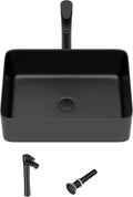 19"x15" Bathroom Vessel Sink Rectangular - Matte Black Porcelain Ceramic Rectangle Above Counter Vanity Lavatory Bath Sink Art Basin with Faucet & Pop-Up Drain