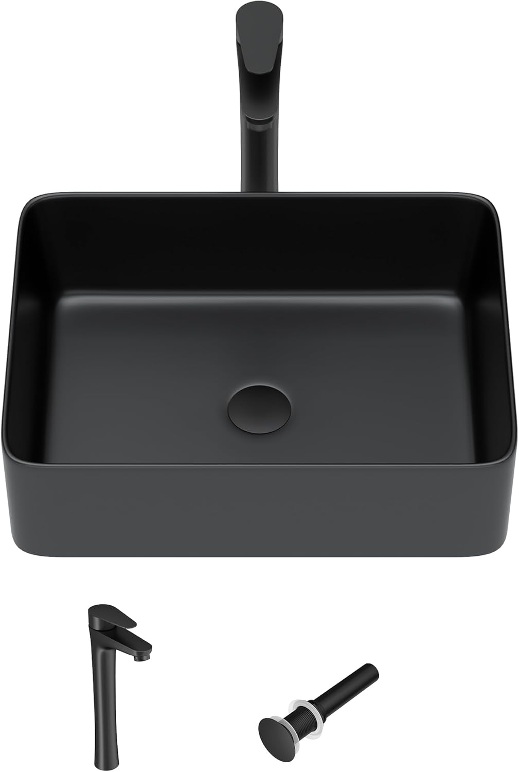 19"x15" Bathroom Vessel Sink Rectangular - Matte Black Porcelain Ceramic Rectangle Above Counter Vanity Lavatory Bath Sink Art Basin with Faucet & Pop-Up Drain