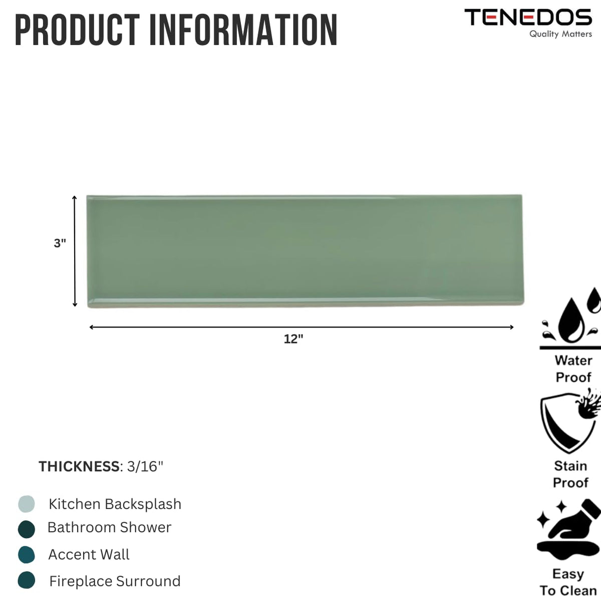 3x12 Olive Green Ceramic Subway Tile Backsplash, Bathroom Shower Walls, Fireplace Surround, Accent Decor - 12 Sq. Ft.