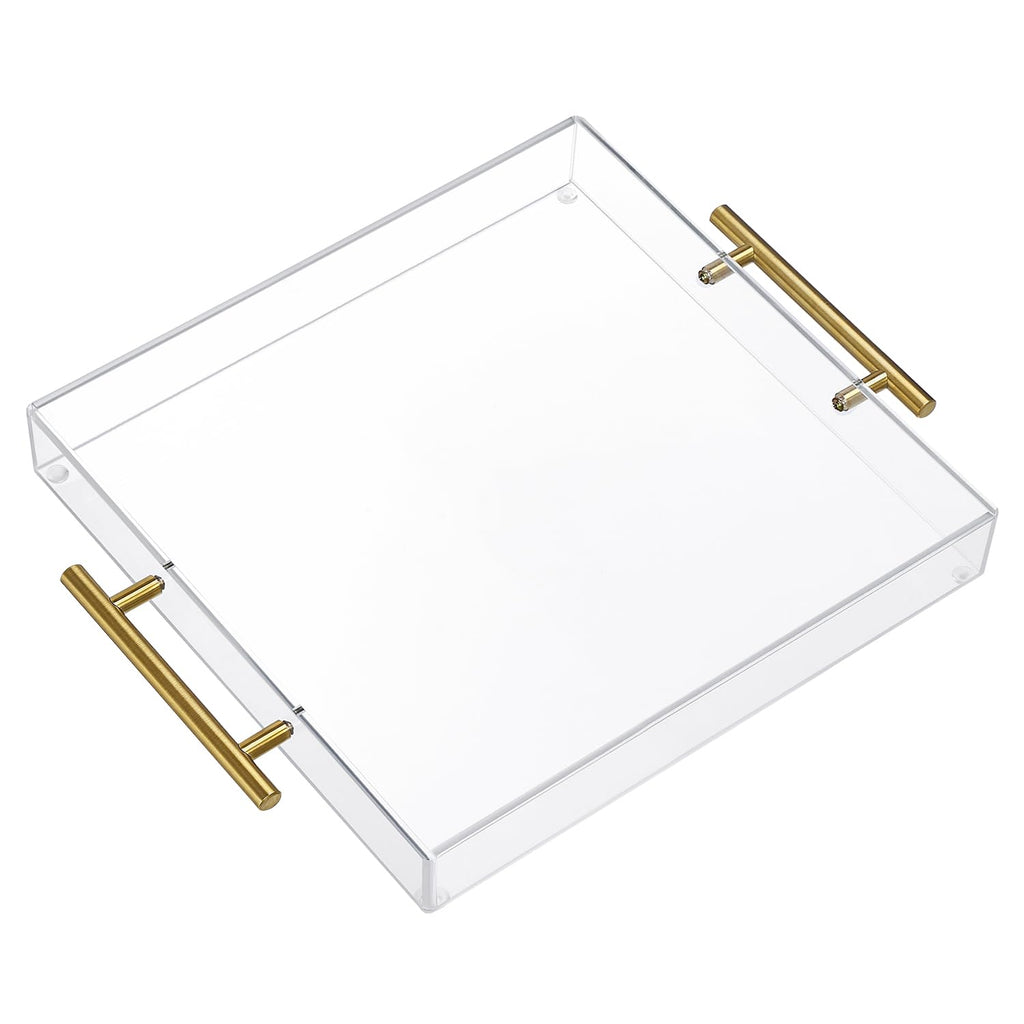 12"x12" Clear Acrylic Serving Tray with Golden Handles, Sturdy Huge Capacity Acrylic Trays for Coffee, Juice, Kitchen