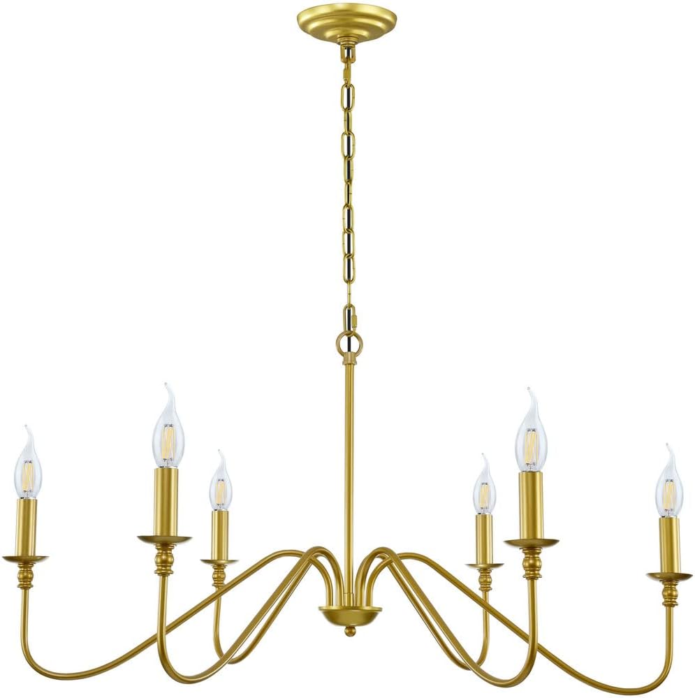 Six-Light Gold Candle Chandelier for Dining Rooms, Farmhouse Style