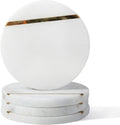 Marble Coaster, Round Coasters, 4" Stone Coaster for Drinks Coffee, White Marble with Gold Brass Coasters - Set of 4