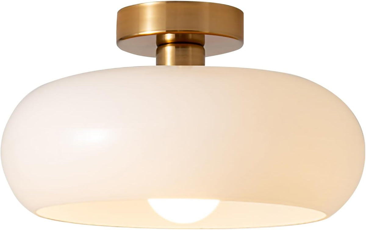 Mid Century Modern Ceiling Light - MCM Milk Glass Flush Mount with 11" White Dome Shade - Gold Brass Ceiling Lamp