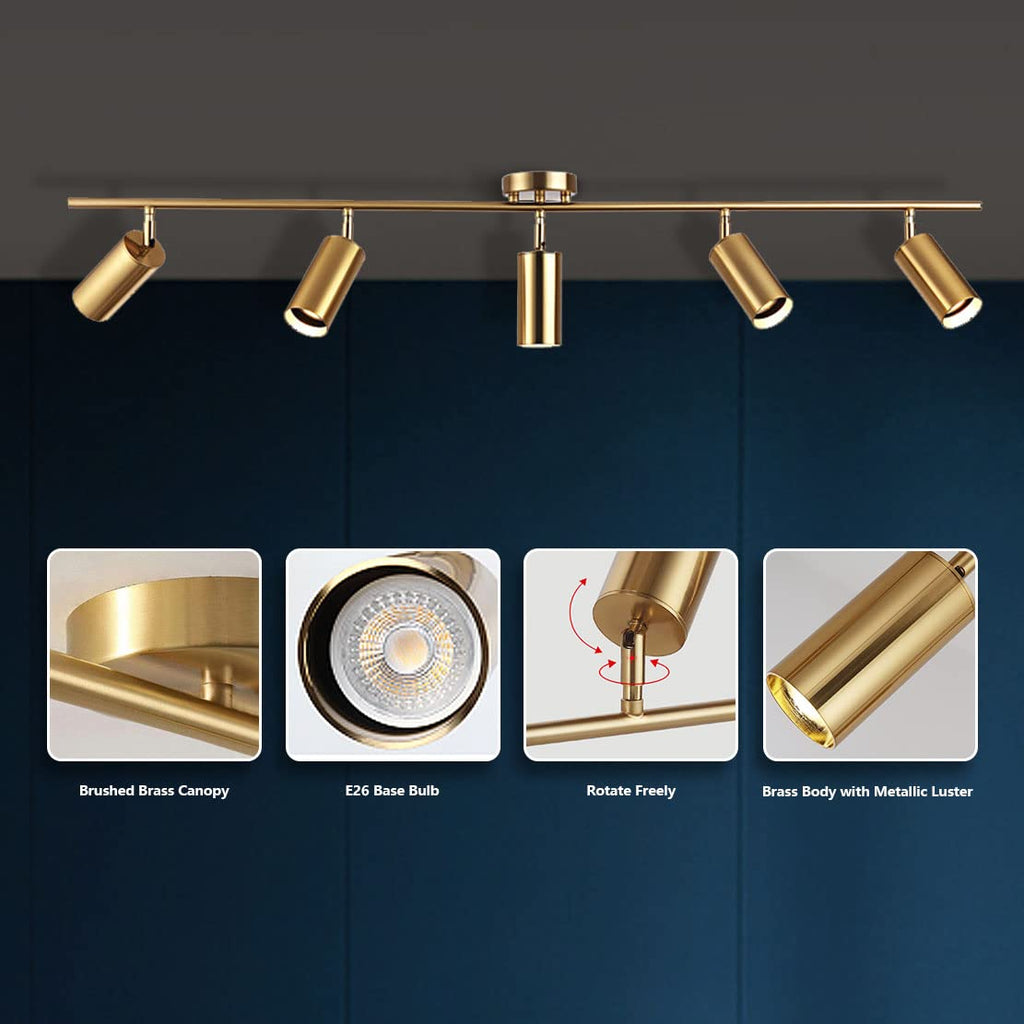 Lighting Modern 5-Lights LED Track Lighting Kit Brushed Brass Kitchen Ceiling Spotlights Light Fixture Mid Century
