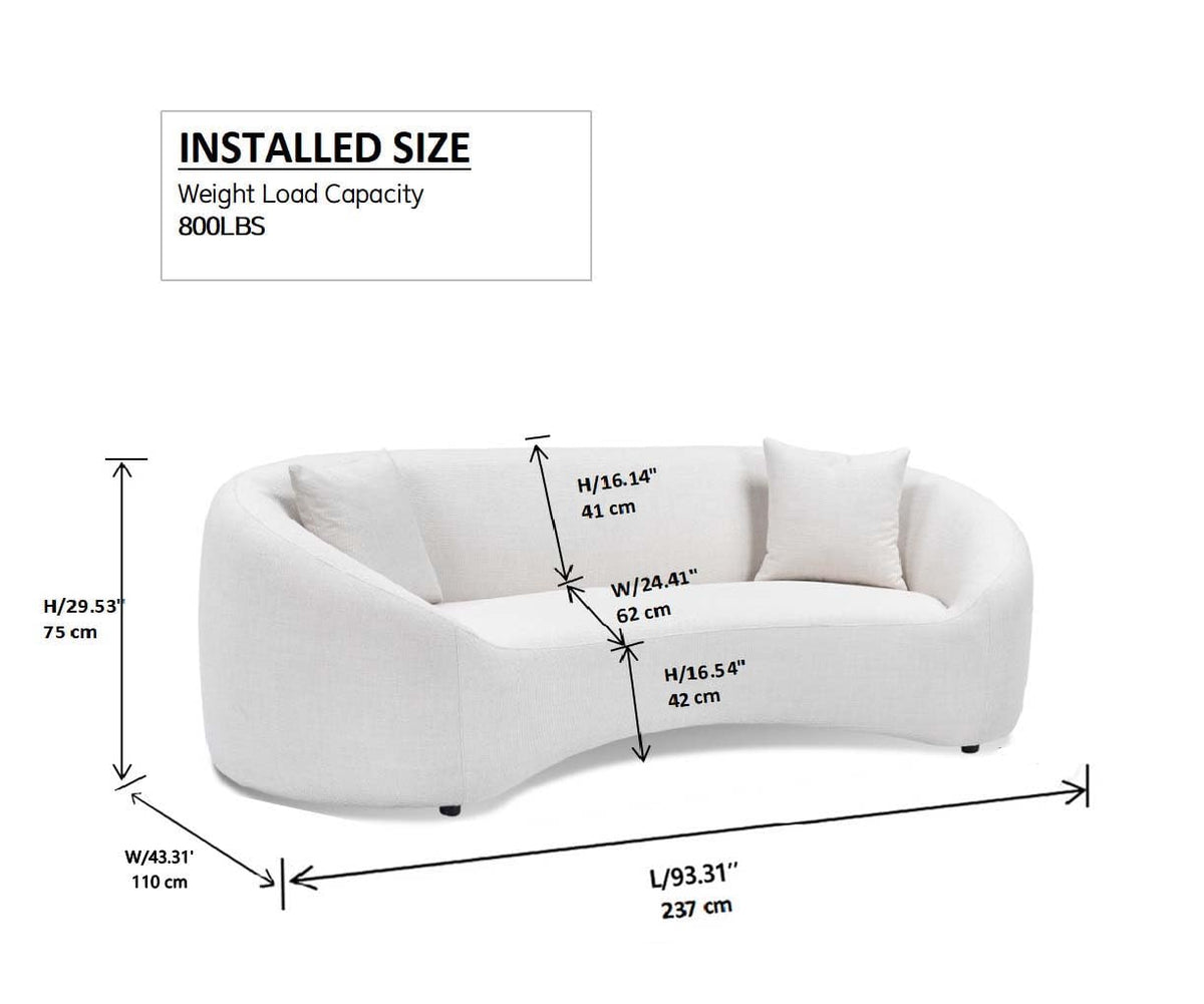 Curved Sofa Couch, 93", Chenille, Modern, White Boucle