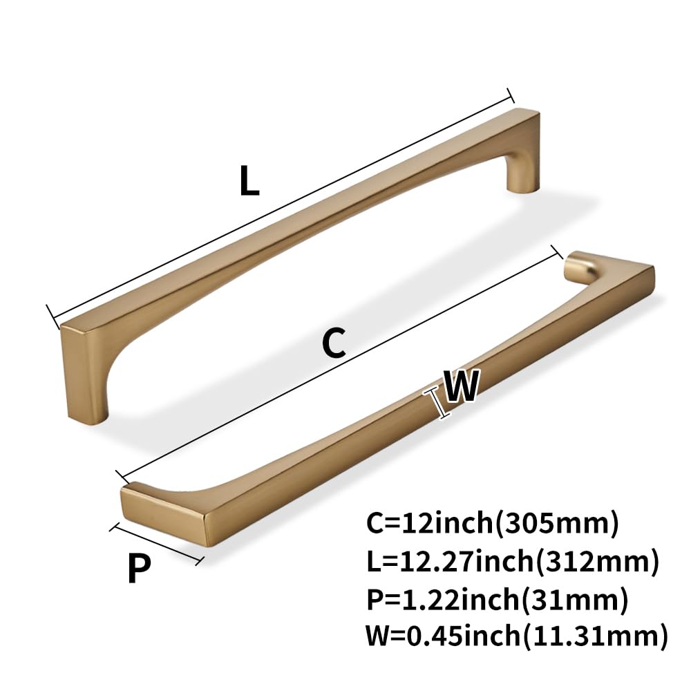2 Pack Solid Handles 12-Inch(305mm) Satin Brass Cabinet Pulls,Heavy Duty Brushed Brass Handles Cabinets, Cupboards