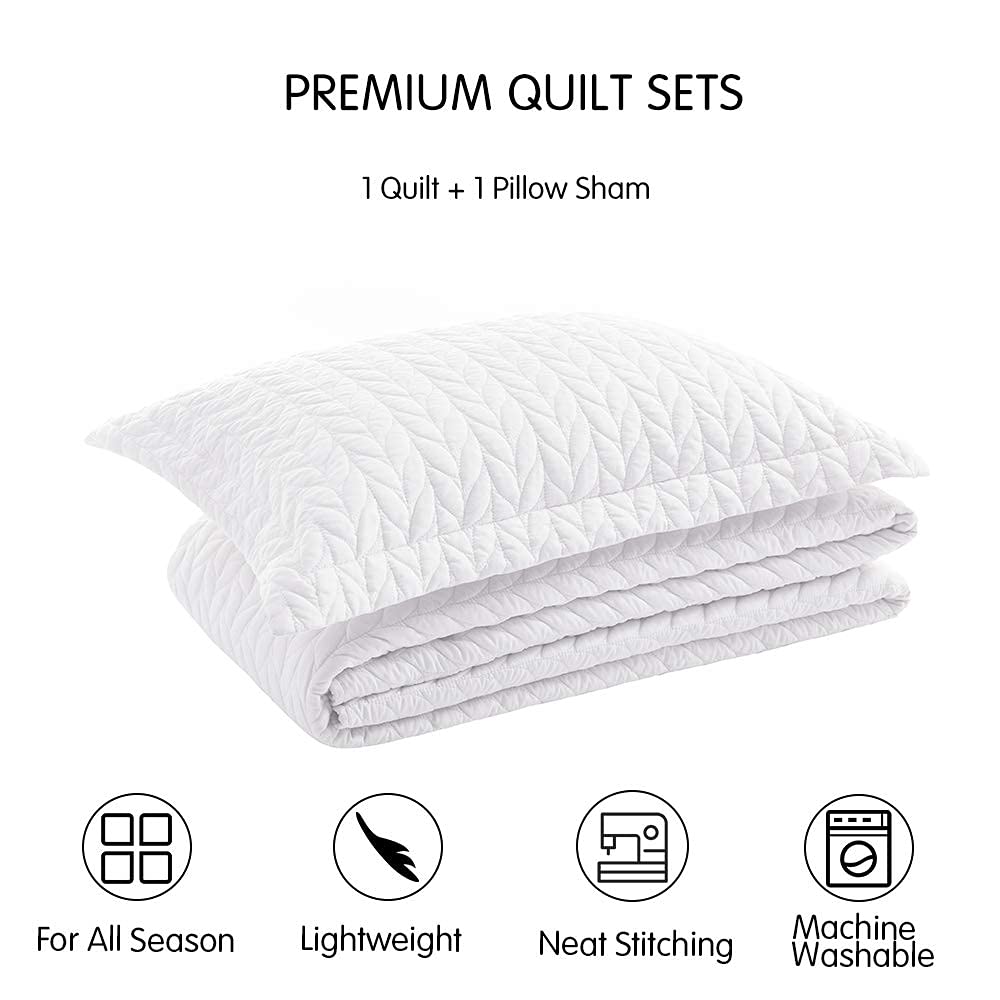 Quilt Set White Lightweight Bedspread Soft Reversible Coverlet for All Season 2pcs Leaf Embroidered Quilted
