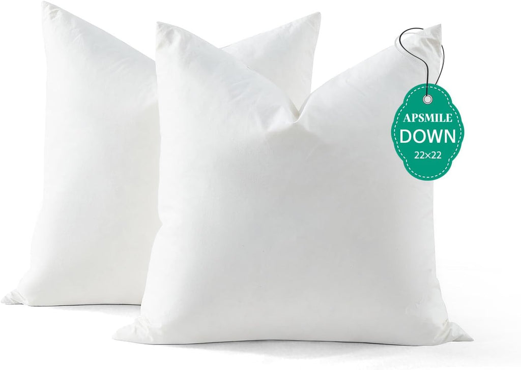 Down Feather Throw Pillow Inserts, 22x22 Pillows with Organic Cotton Cover, Soft Square Decorative Pillows - Set of 2