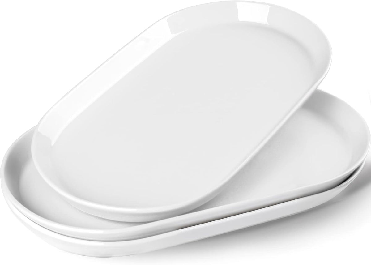 14" Oval Serving Platter Set of 3 - Ceramic Large White Platters for Entertaining Party, Serving Plates for Turkey