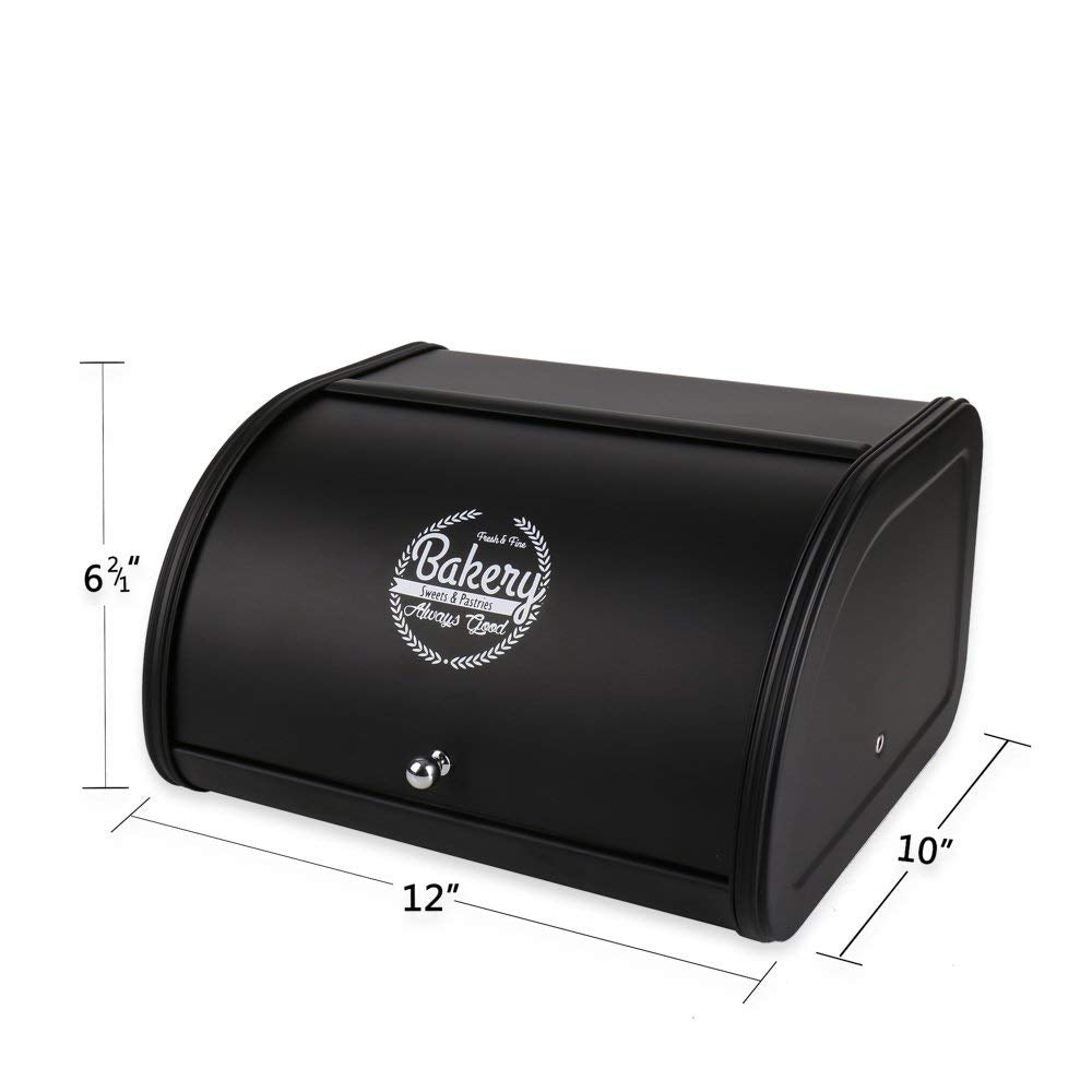 Bread Box - X458 Black Metal /Bin/kitchen Storage Containers with Roll Top Lid (Black)